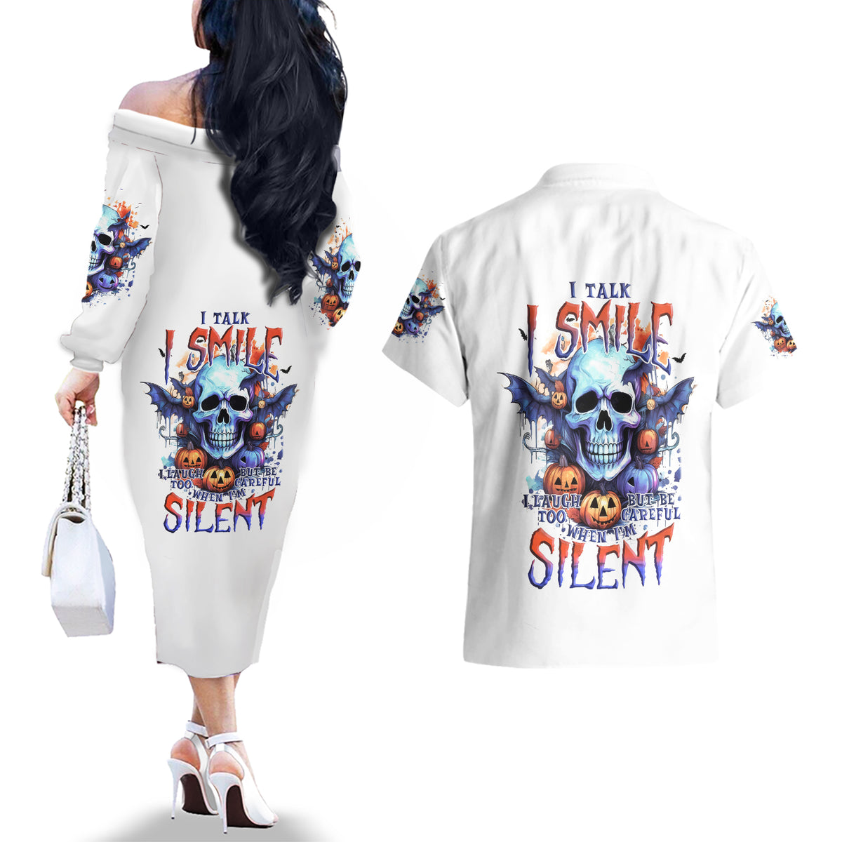 Bat Skull Couples Matching Off The Shoulder Long Sleeve Dress and Hawaiian Shirt I Talk I Smile But Be Carefull When I Silent - Wonder Print Shop