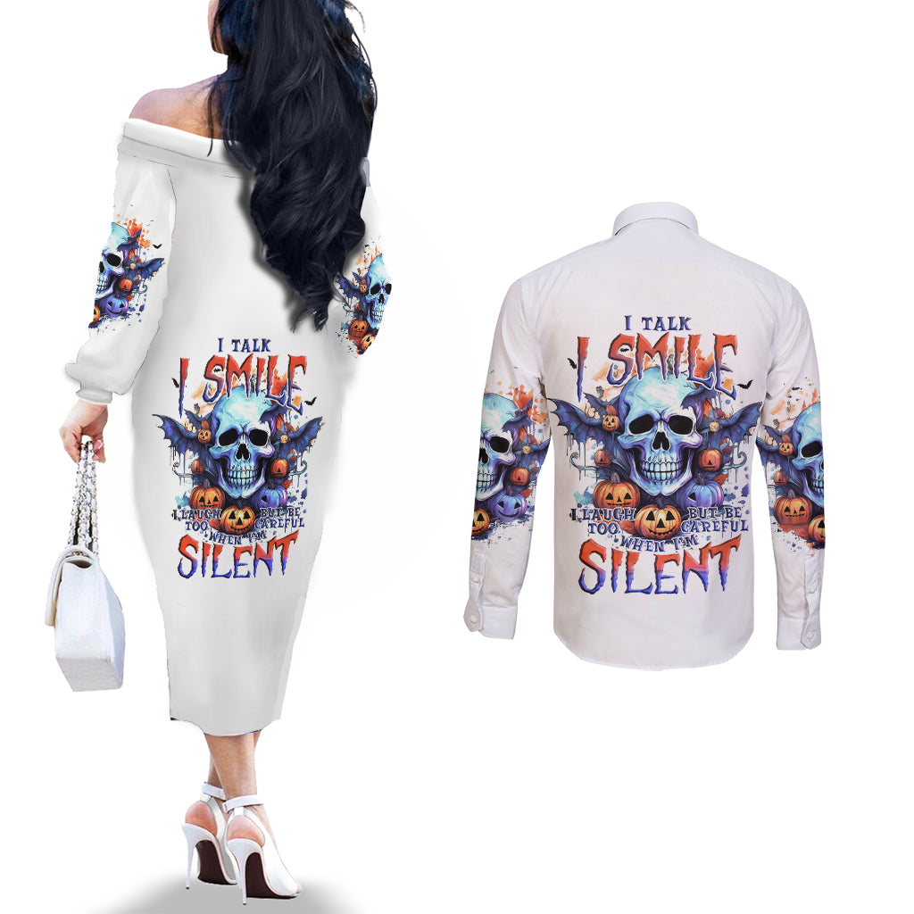 Bat Skull Couples Matching Off The Shoulder Long Sleeve Dress and Long Sleeve Button Shirt I Talk I Smile But Be Carefull When I Silent DT01