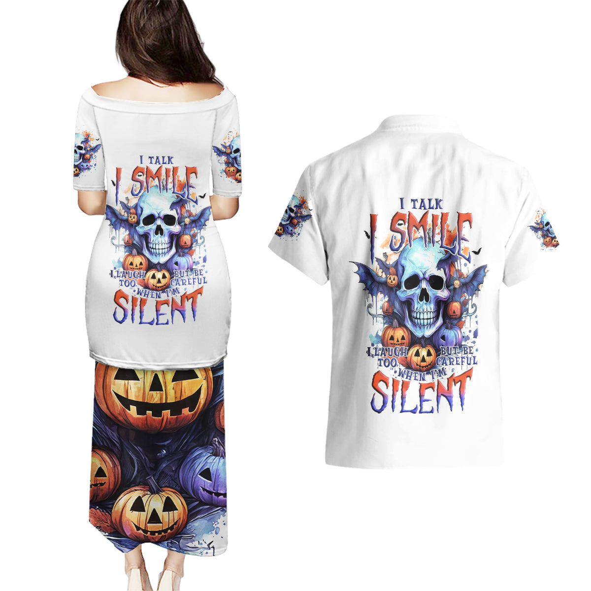 Bat Skull Couples Matching Puletasi Dress and Hawaiian Shirt I Talk I Smile But Be Carefull When I Silent - Wonder Print Shop