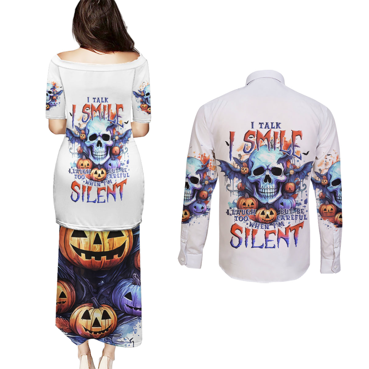 Bat Skull Couples Matching Puletasi Dress and Long Sleeve Button Shirt I Talk I Smile But Be Carefull When I Silent - Wonder Print Shop