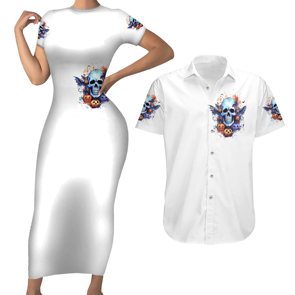 Bat Skull Couples Matching Short Sleeve Bodycon Dress and Hawaiian Shirt I Talk I Smile But Be Carefull When I Silent - Wonder Print Shop