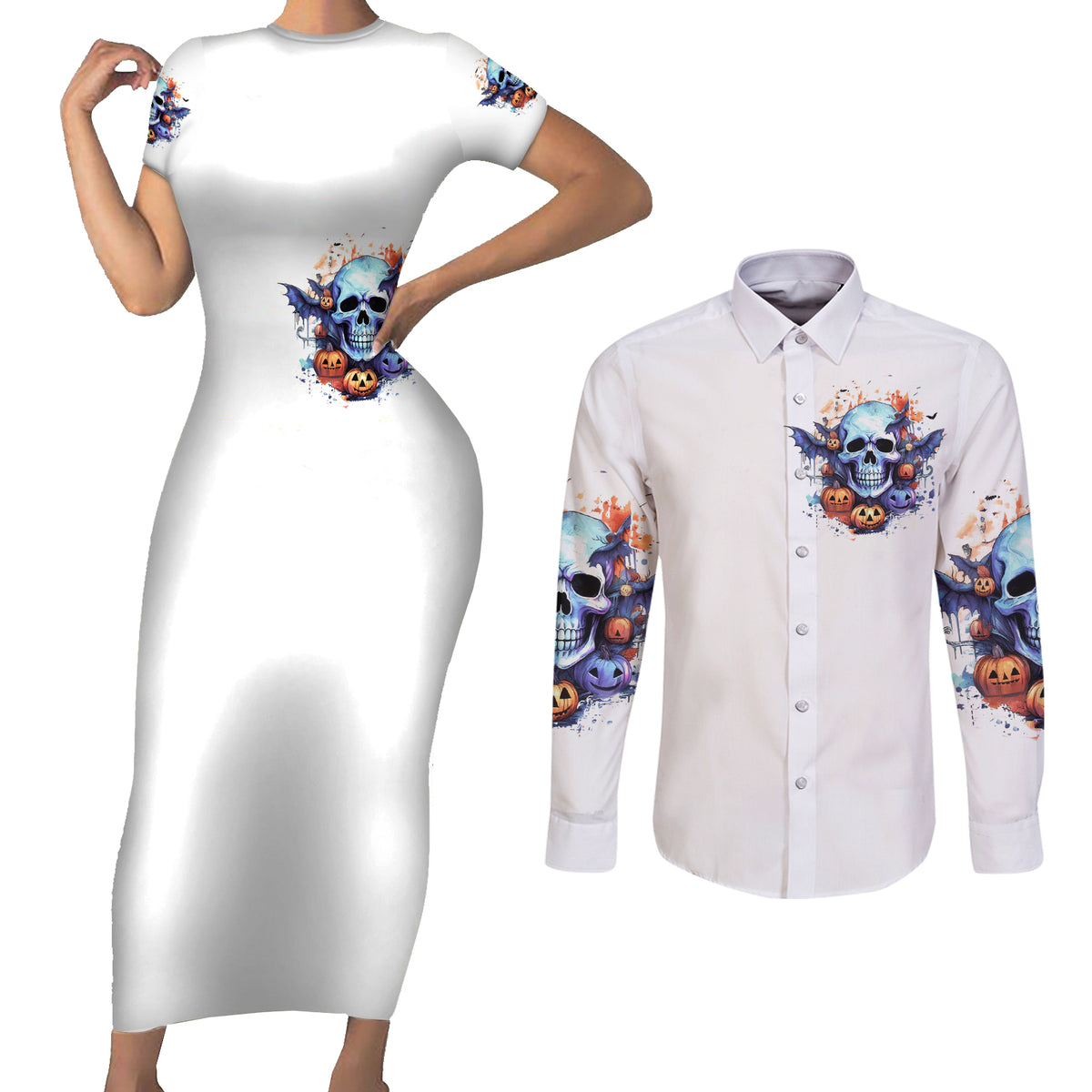 Bat Skull Couples Matching Short Sleeve Bodycon Dress and Long Sleeve Button Shirt I Talk I Smile But Be Carefull When I Silent - Wonder Print Shop