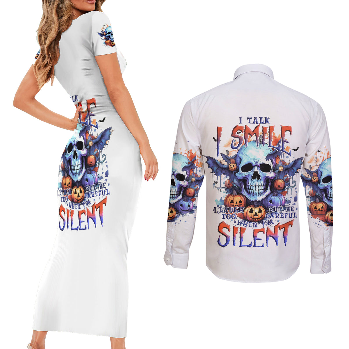 Bat Skull Couples Matching Short Sleeve Bodycon Dress and Long Sleeve Button Shirt I Talk I Smile But Be Carefull When I Silent - Wonder Print Shop