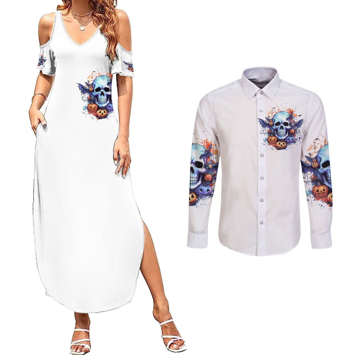 Bat Skull Couples Matching Summer Maxi Dress and Long Sleeve Button Shirt I Talk I Smile But Be Carefull When I Silent - Wonder Print Shop
