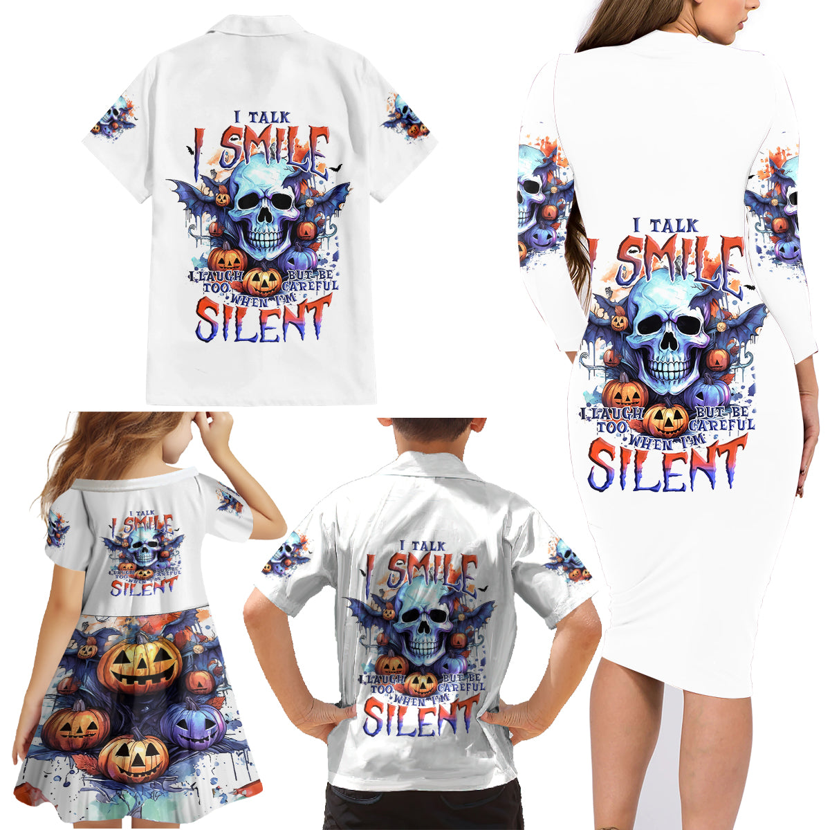 Bat Skull Family Matching Long Sleeve Bodycon Dress and Hawaiian Shirt I Talk I Smile But Be Carefull When I Silent - Wonder Print Shop