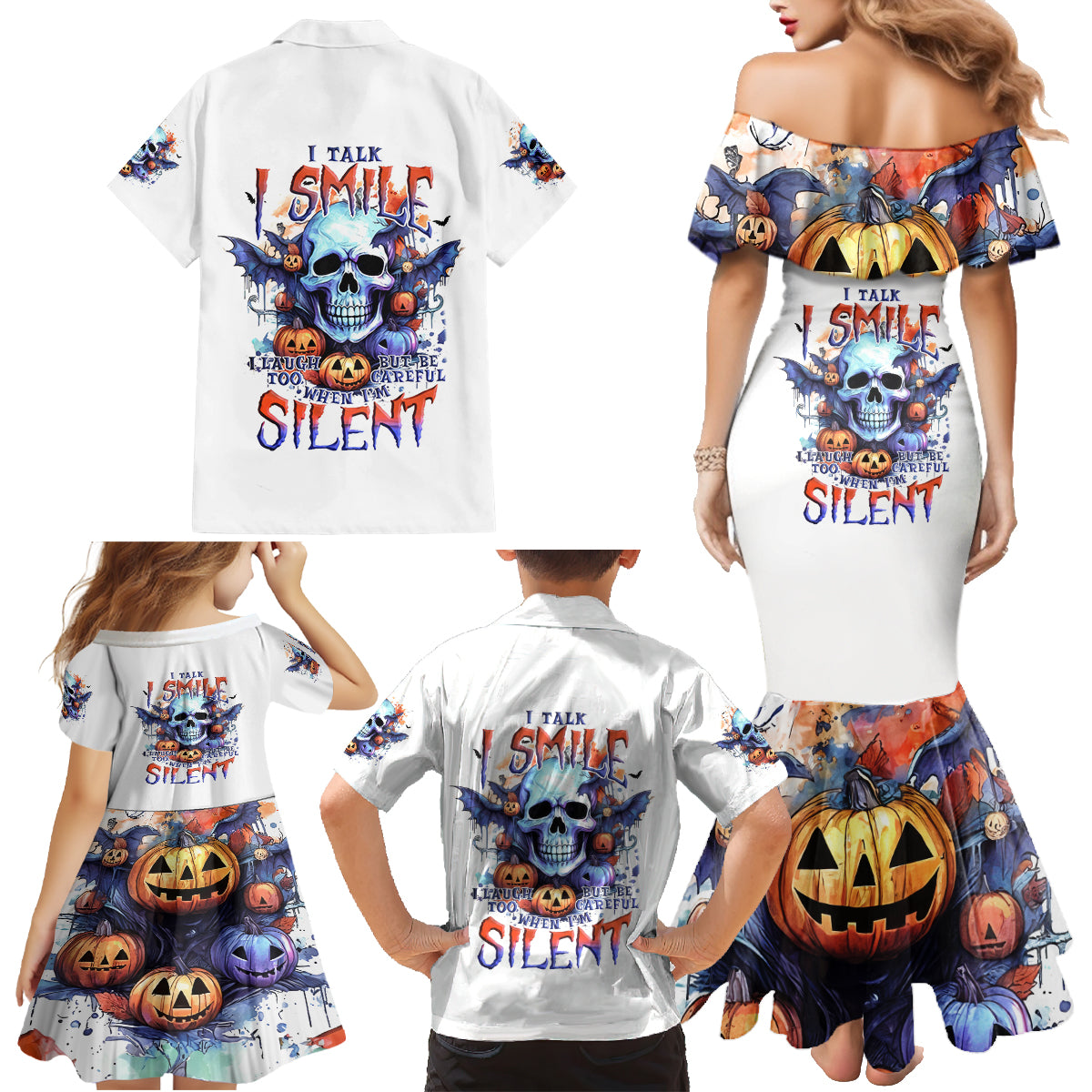 Bat Skull Family Matching Mermaid Dress and Hawaiian Shirt I Talk I Smile But Be Carefull When I Silent - Wonder Print Shop