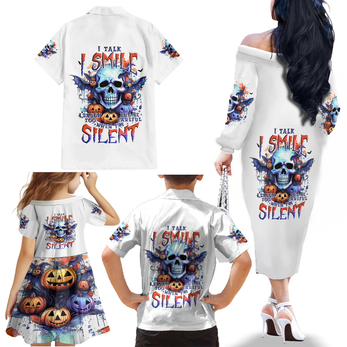 Bat Skull Family Matching Off Shoulder Long Sleeve Dress and Hawaiian Shirt I Talk I Smile But Be Carefull When I Silent - Wonder Print Shop