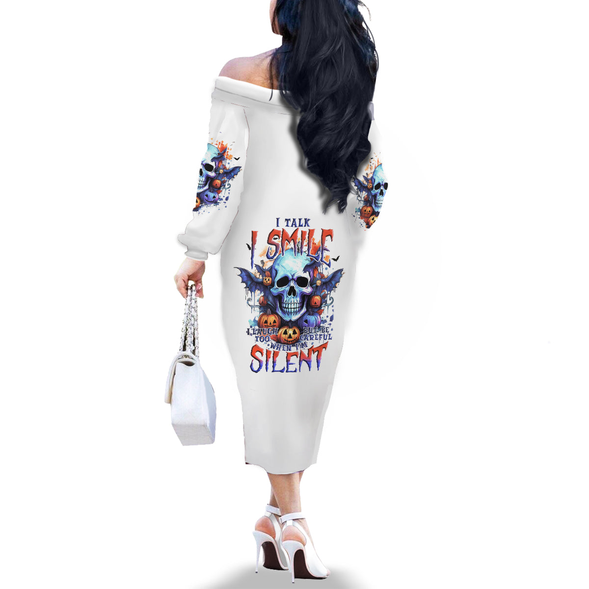 Bat Skull Family Matching Off Shoulder Long Sleeve Dress and Hawaiian Shirt I Talk I Smile But Be Carefull When I Silent - Wonder Print Shop