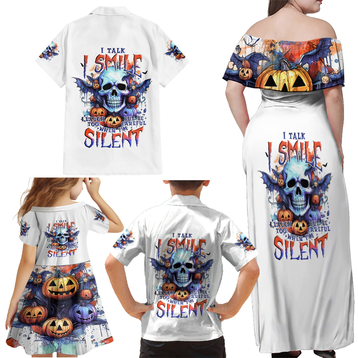 Bat Skull Family Matching Off Shoulder Maxi Dress and Hawaiian Shirt I Talk I Smile But Be Carefull When I Silent - Wonder Print Shop