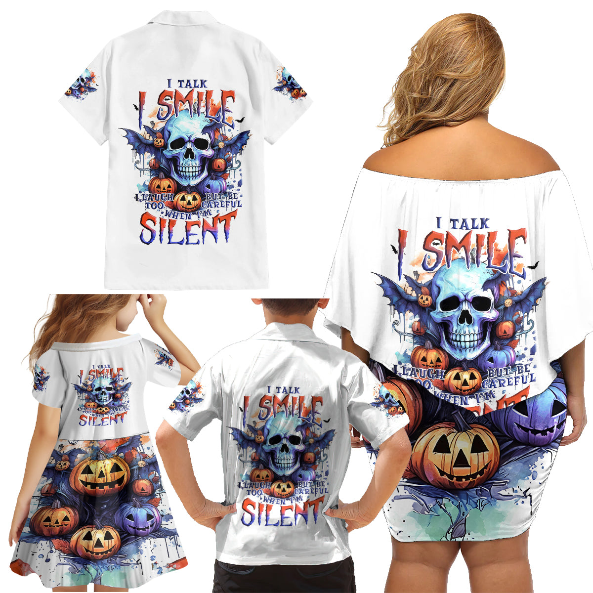 Bat Skull Family Matching Off Shoulder Short Dress and Hawaiian Shirt I Talk I Smile But Be Carefull When I Silent - Wonder Print Shop