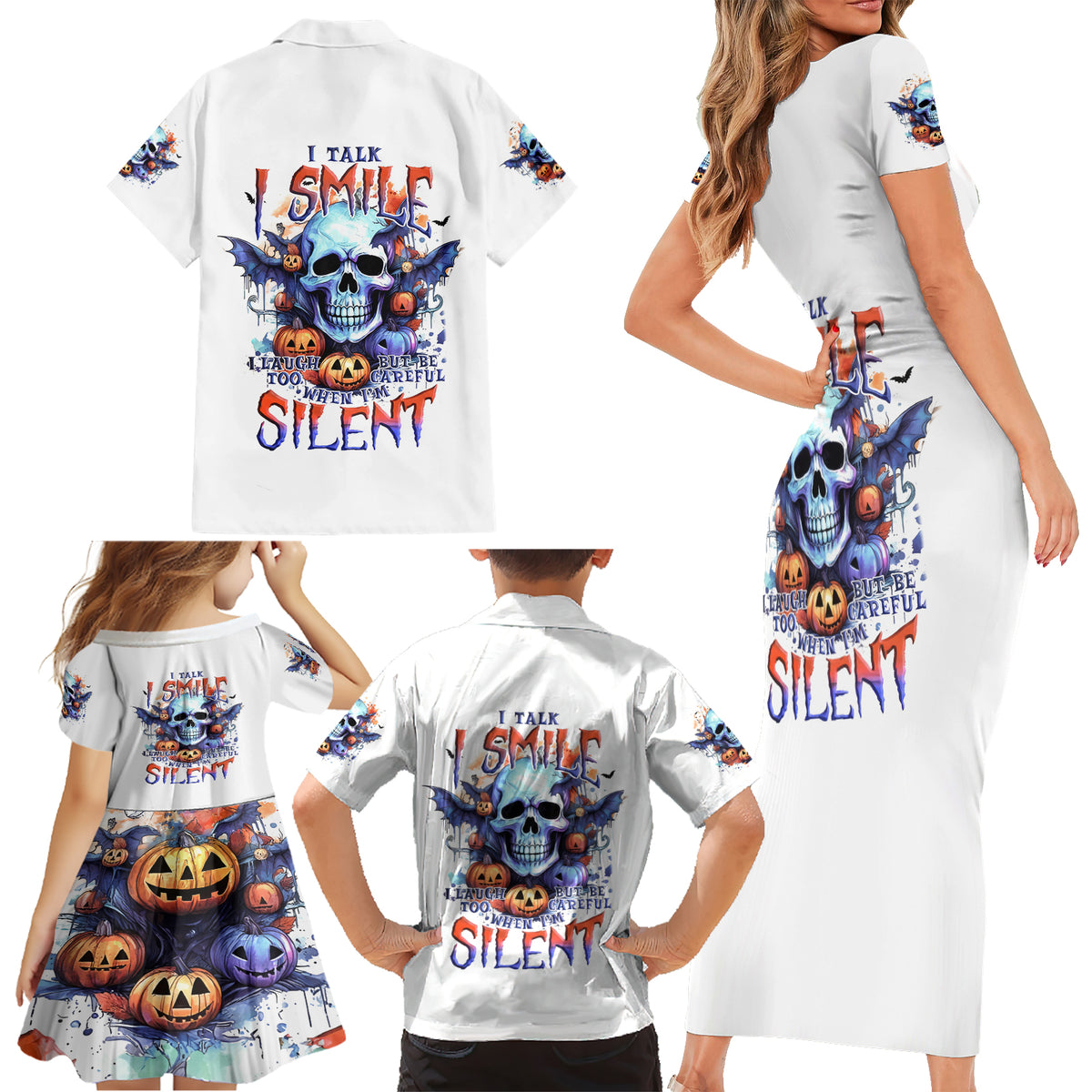 Bat Skull Family Matching Short Sleeve Bodycon Dress and Hawaiian Shirt I Talk I Smile But Be Carefull When I Silent - Wonder Print Shop