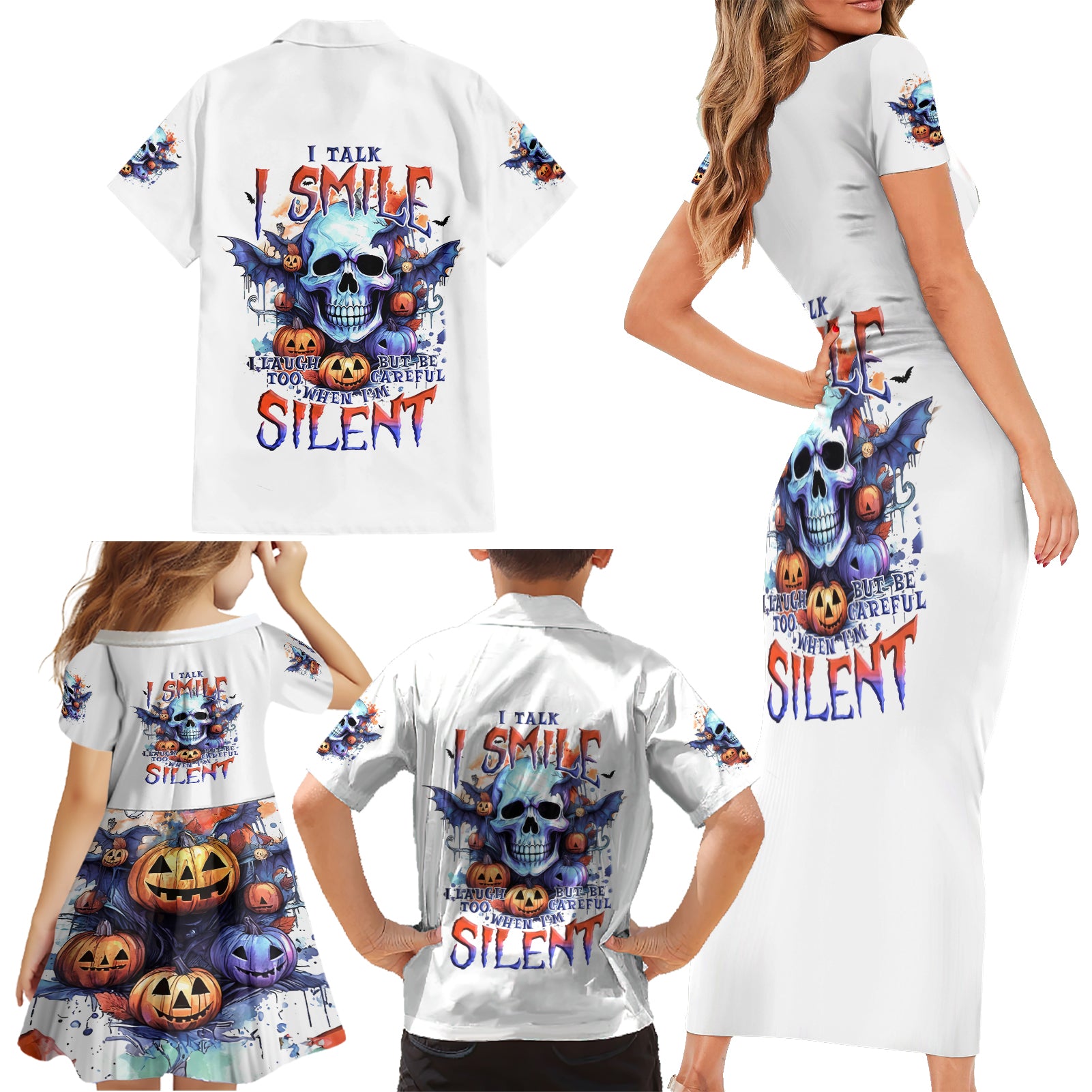 Bat Skull Family Matching Short Sleeve Bodycon Dress and Hawaiian Shirt I Talk I Smile But Be Carefull When I Silent - Wonder Print Shop