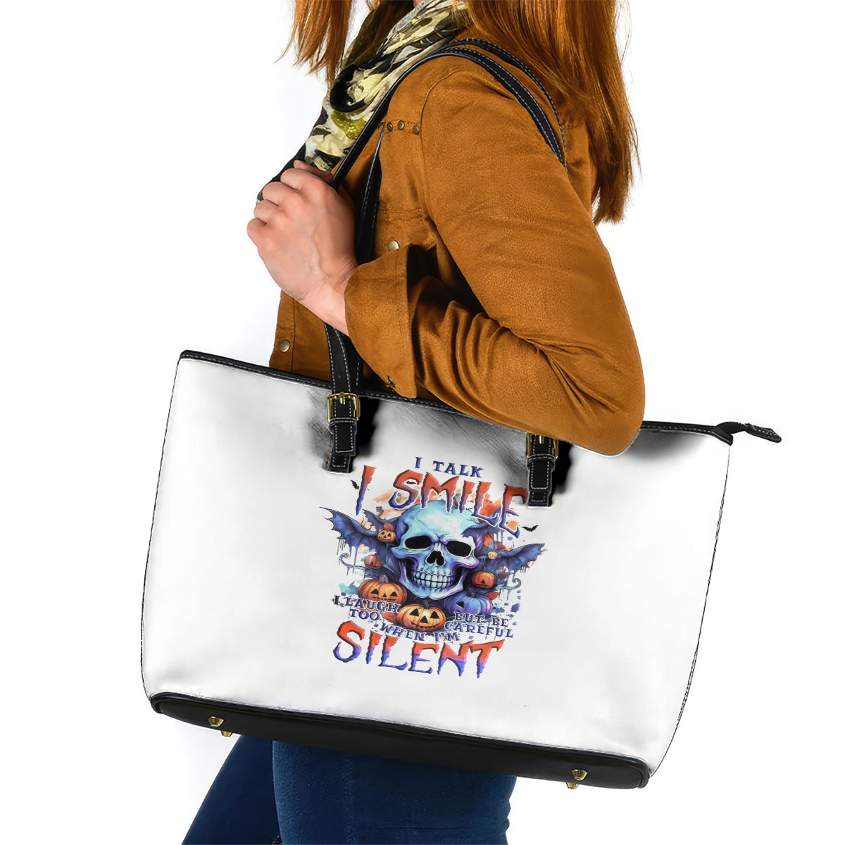 Bat Skull Leather Tote Bag I Talk I Smile But Be Carefull When I Silent - Wonder Print Shop