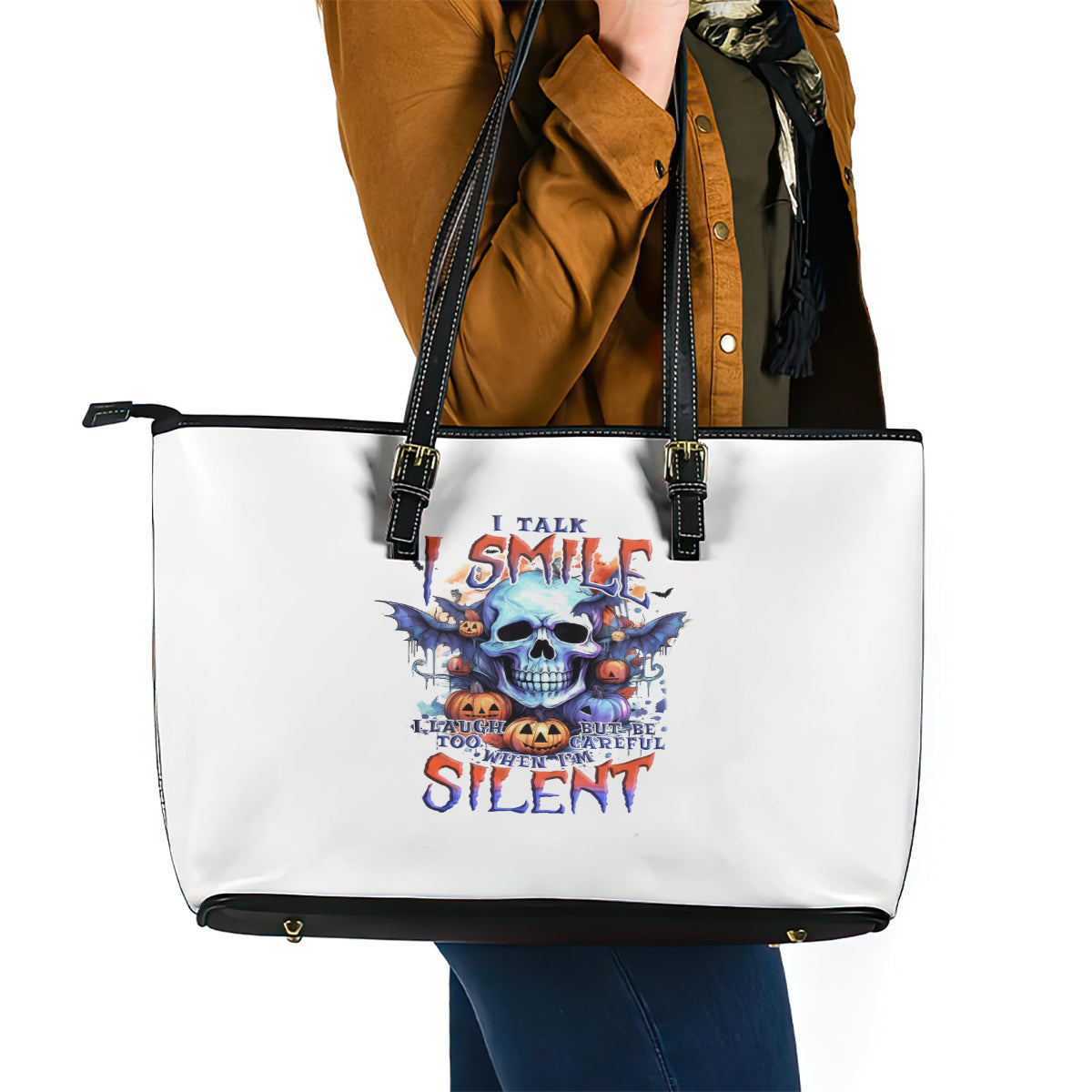 Bat Skull Leather Tote Bag I Talk I Smile But Be Carefull When I Silent - Wonder Print Shop