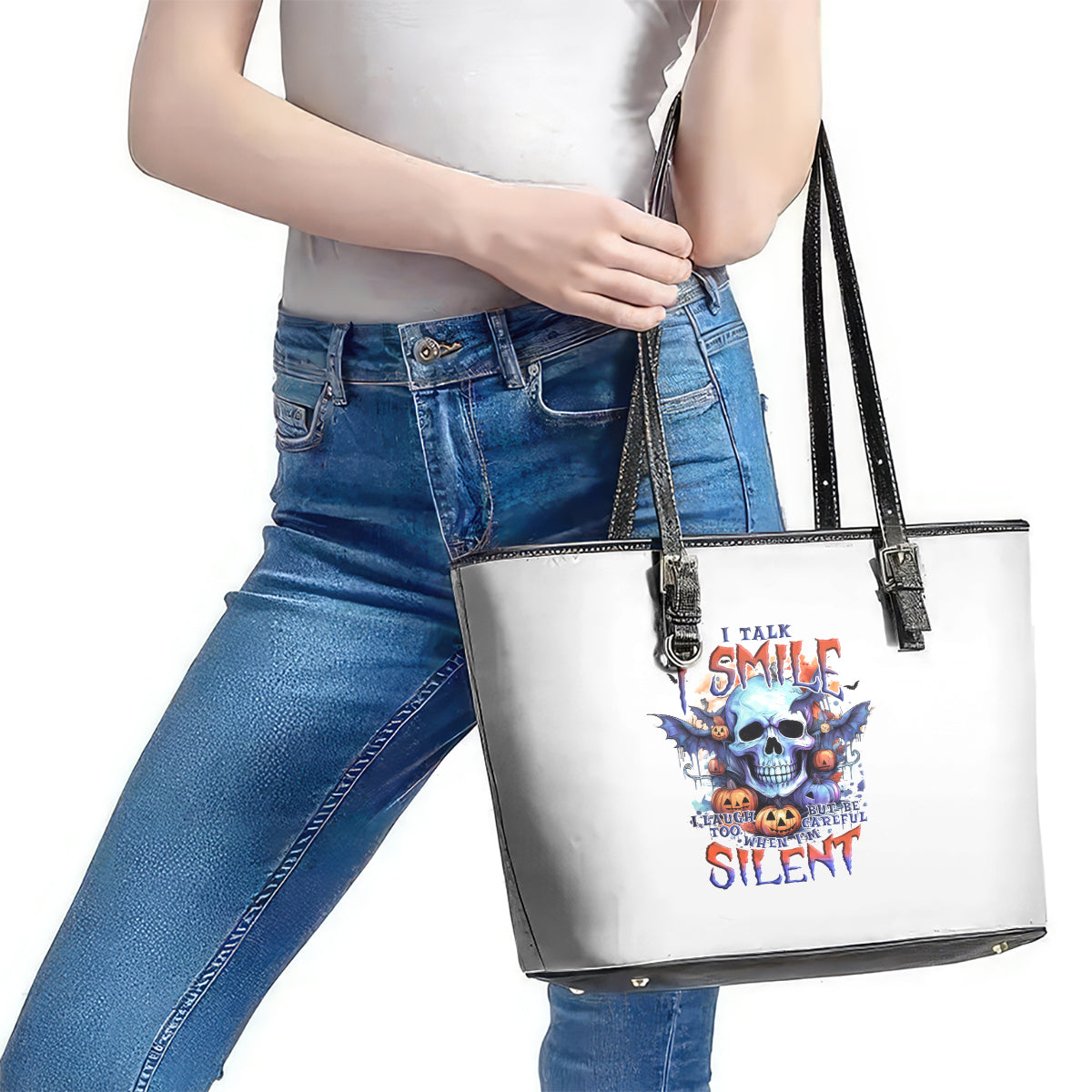 Bat Skull Leather Tote Bag I Talk I Smile But Be Carefull When I Silent - Wonder Print Shop