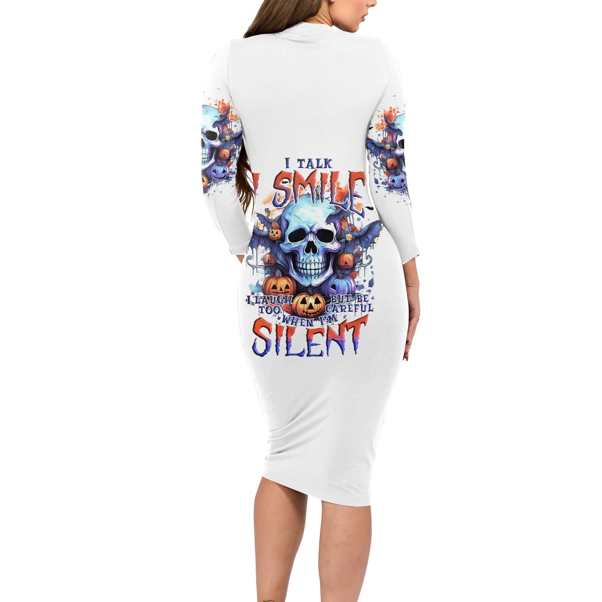 Bat Skull Long Sleeve Bodycon Dress I Talk I Smile But Be Carefull When I Silent - Wonder Print Shop