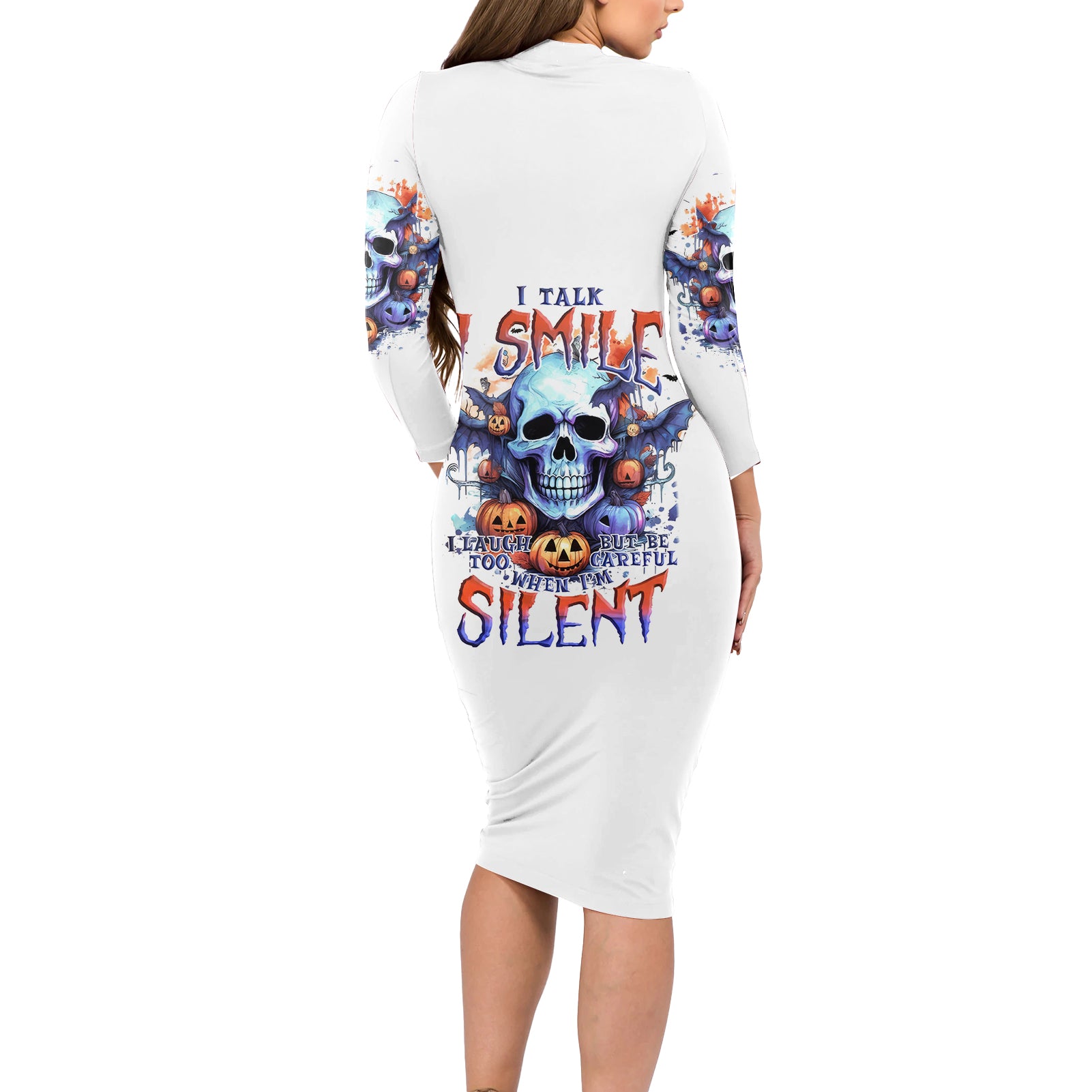 Bat Skull Long Sleeve Bodycon Dress I Talk I Smile But Be Carefull When I Silent - Wonder Print Shop