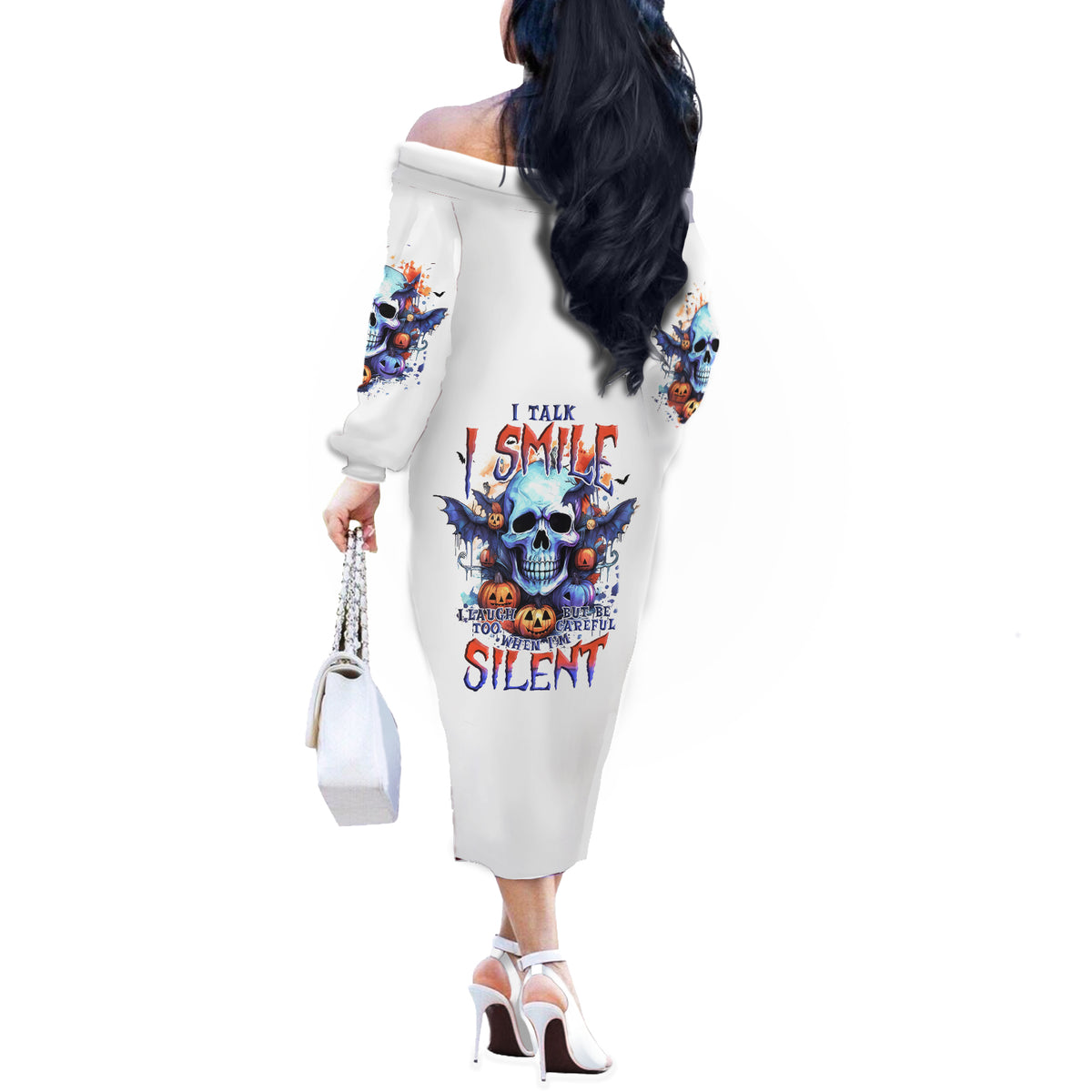 Bat Skull Off The Shoulder Long Sleeve Dress I Talk I Smile But Be Carefull When I Silent - Wonder Print Shop