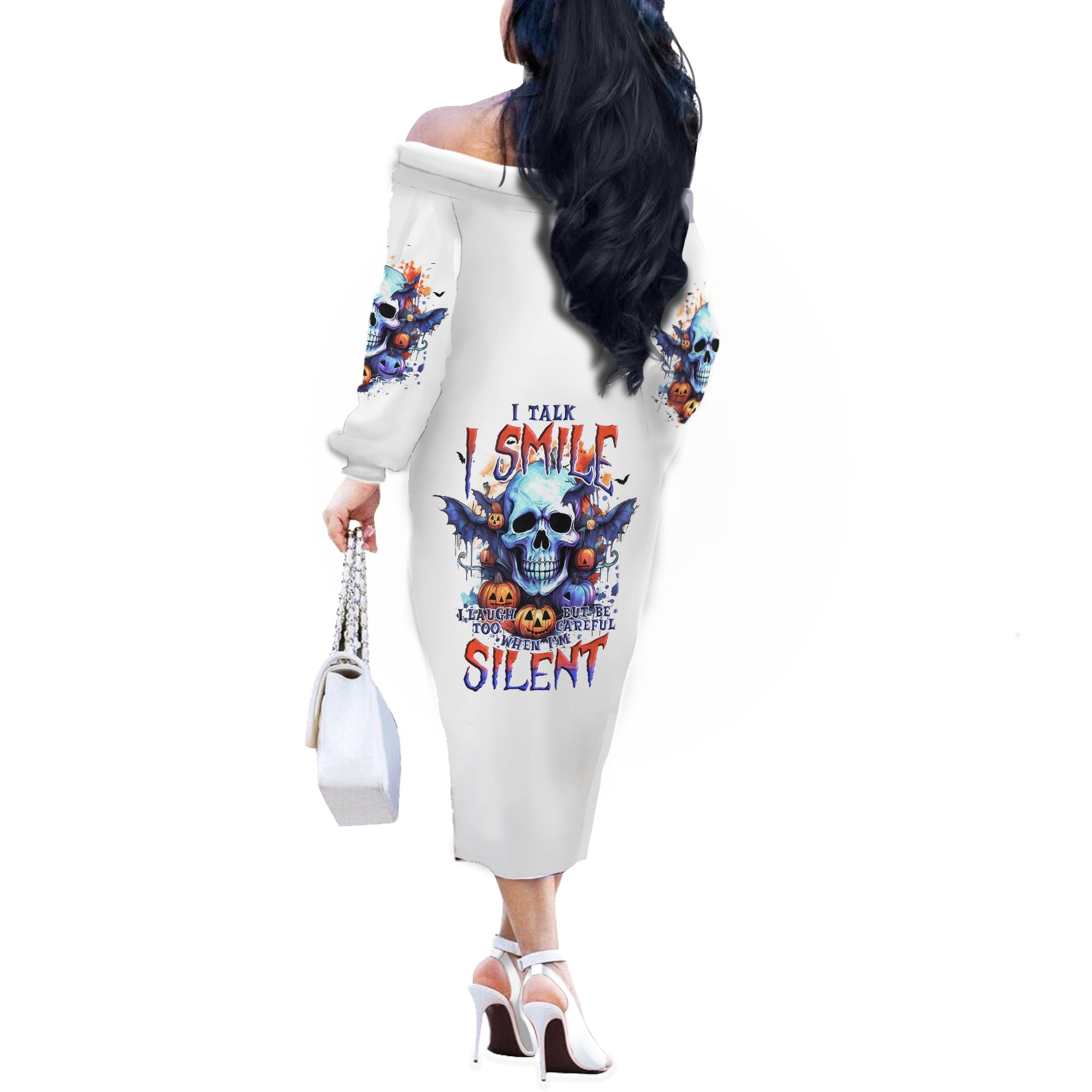 Bat Skull Off The Shoulder Long Sleeve Dress I Talk I Smile But Be Carefull When I Silent - Wonder Print Shop