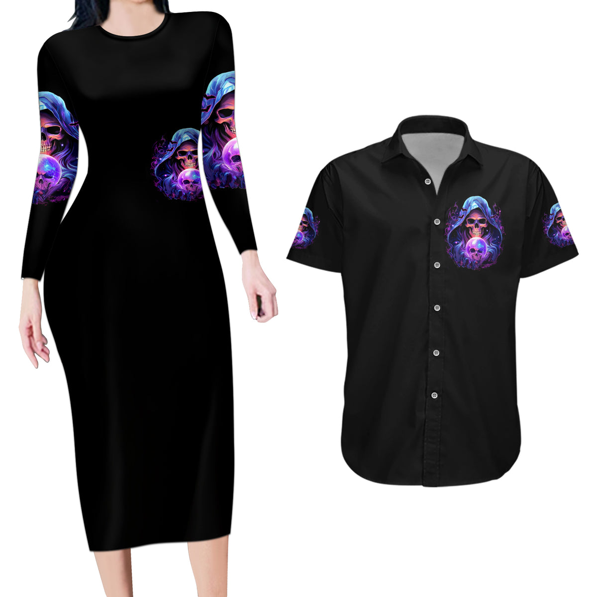 Witch Skull Couples Matching Long Sleeve Bodycon Dress and Hawaiian Shirt I'm A Grumpy Old Witch - Wonder Print Shop