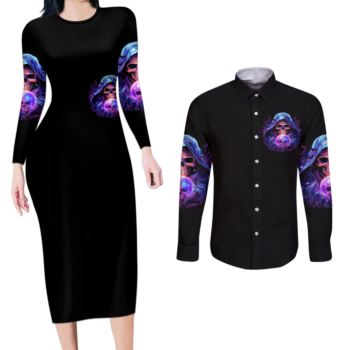 Witch Skull Couples Matching Long Sleeve Bodycon Dress and Long Sleeve Button Shirt I'm A Grumpy Old Witch - Wonder Print Shop