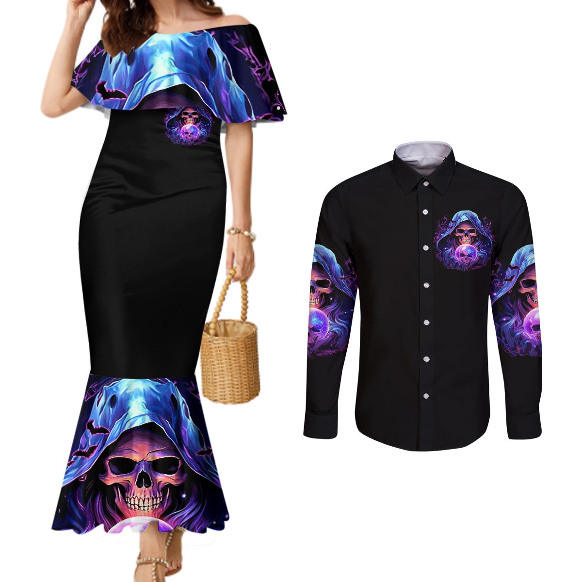 Witch Skull Couples Matching Mermaid Dress and Long Sleeve Button Shirt I'm A Grumpy Old Witch DT01