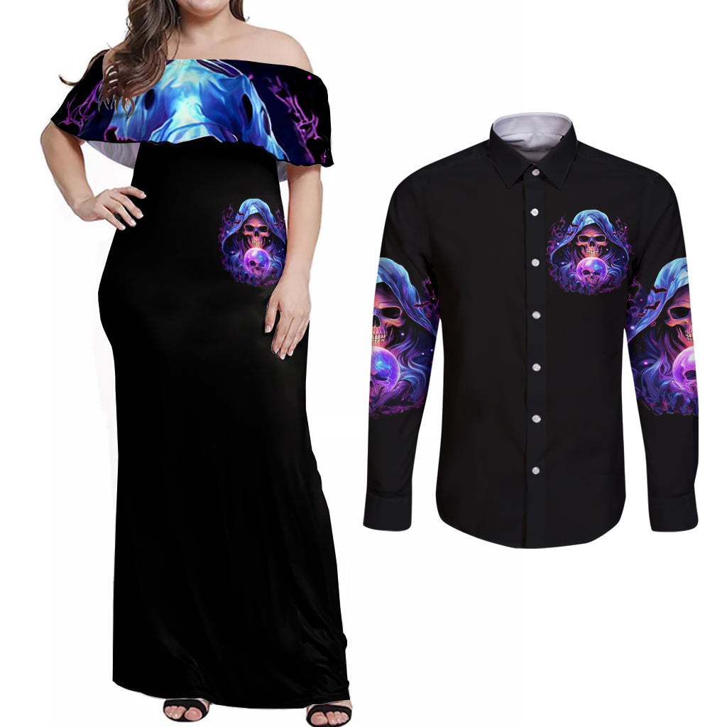 Witch Skull Couples Matching Off Shoulder Maxi Dress and Long Sleeve Button Shirt I'm A Grumpy Old Witch - Wonder Print Shop