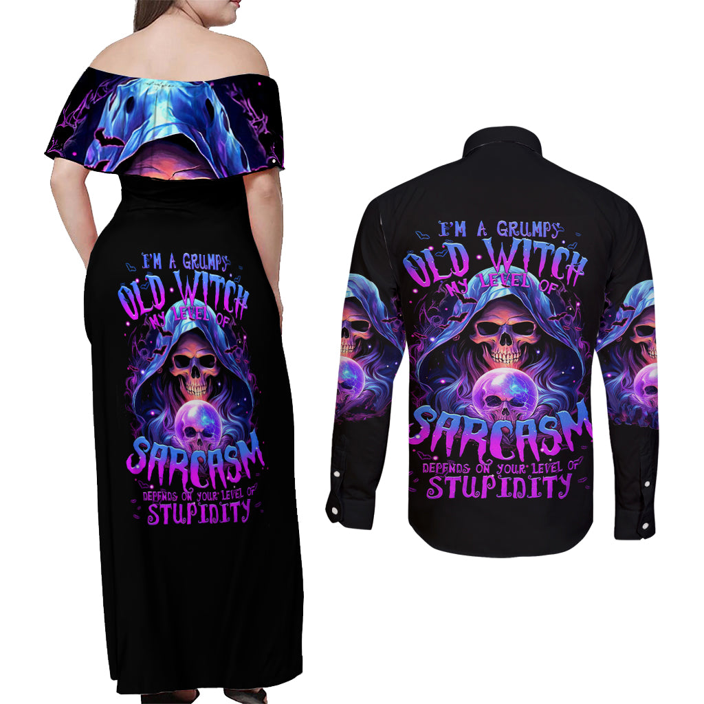 Witch Skull Couples Matching Off Shoulder Maxi Dress and Long Sleeve Button Shirt I'm A Grumpy Old Witch - Wonder Print Shop