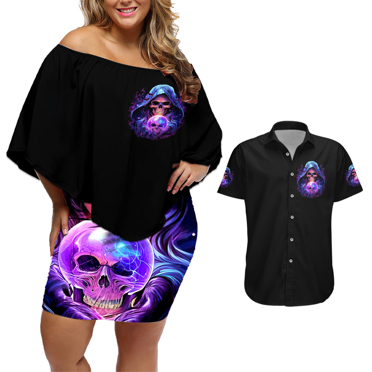 Witch Skull Couples Matching Off Shoulder Short Dress and Hawaiian Shirt I'm A Grumpy Old Witch - Wonder Print Shop