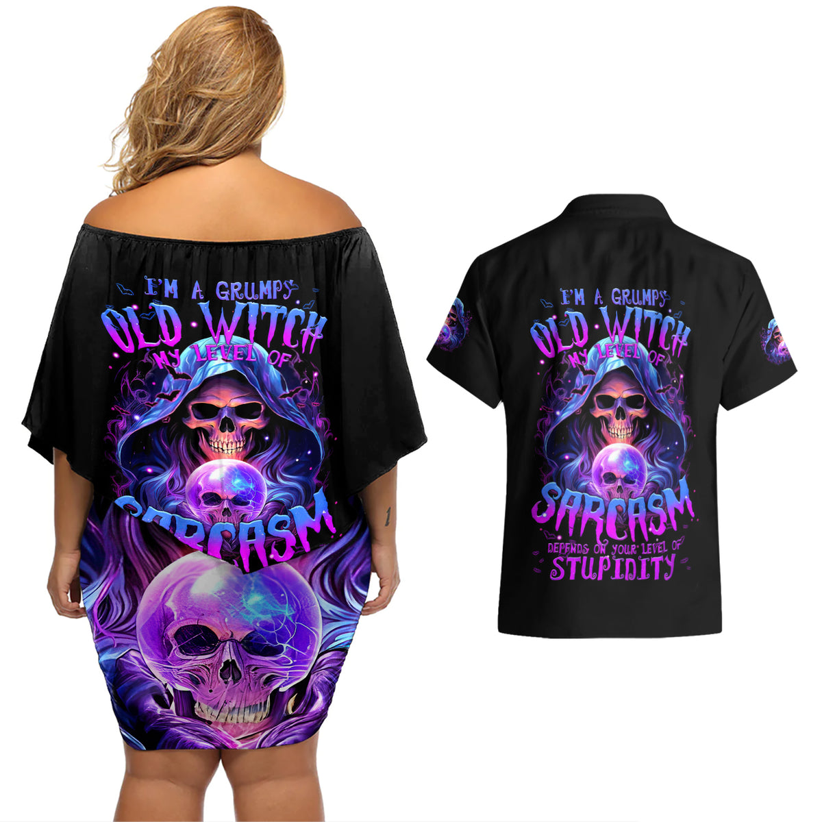 Witch Skull Couples Matching Off Shoulder Short Dress and Hawaiian Shirt I'm A Grumpy Old Witch - Wonder Print Shop