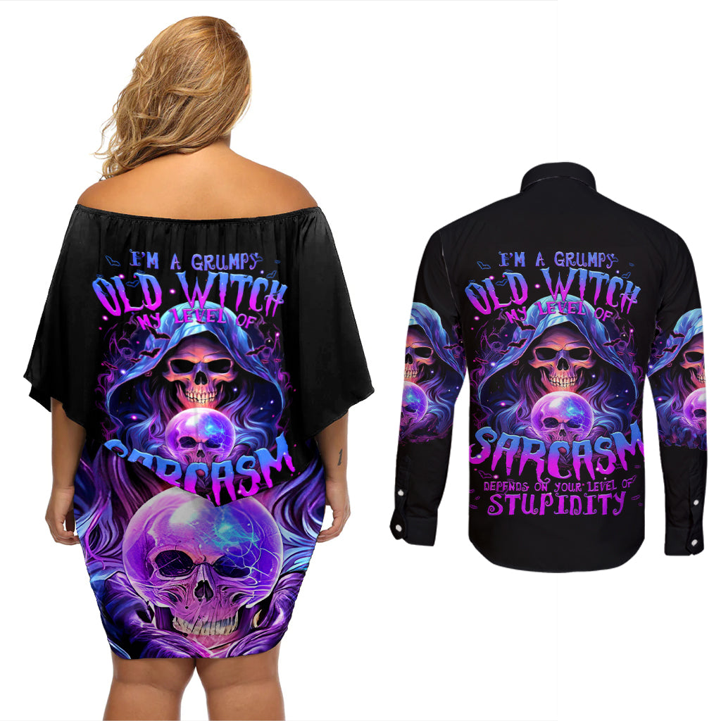 Witch Skull Couples Matching Off Shoulder Short Dress and Long Sleeve Button Shirt I'm A Grumpy Old Witch - Wonder Print Shop