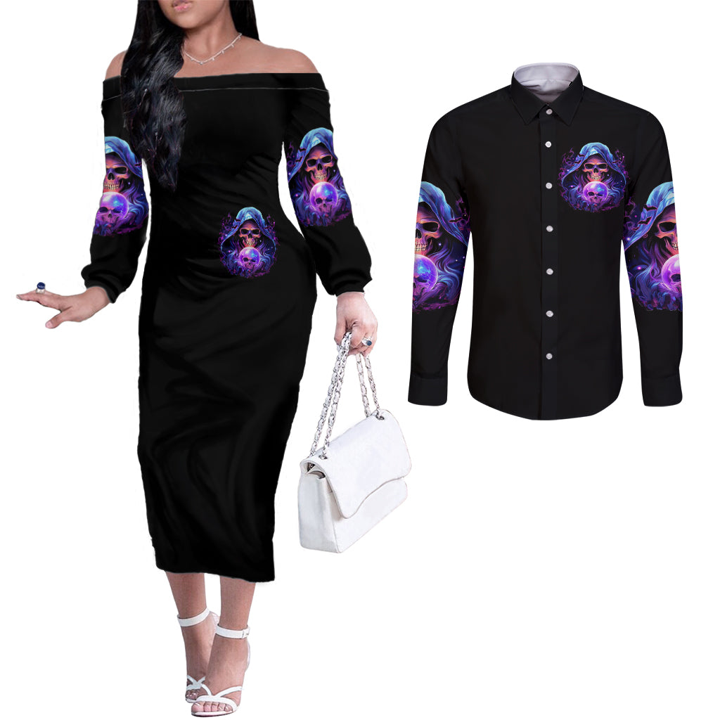 Witch Skull Couples Matching Off The Shoulder Long Sleeve Dress and Long Sleeve Button Shirt I'm A Grumpy Old Witch DT01