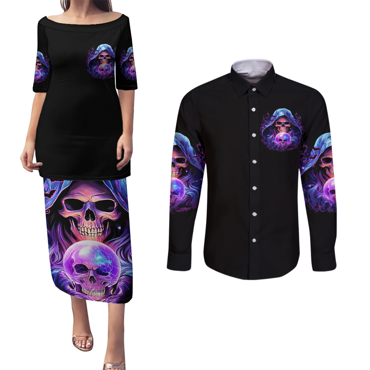 Witch Skull Couples Matching Puletasi Dress and Long Sleeve Button Shirt I'm A Grumpy Old Witch - Wonder Print Shop