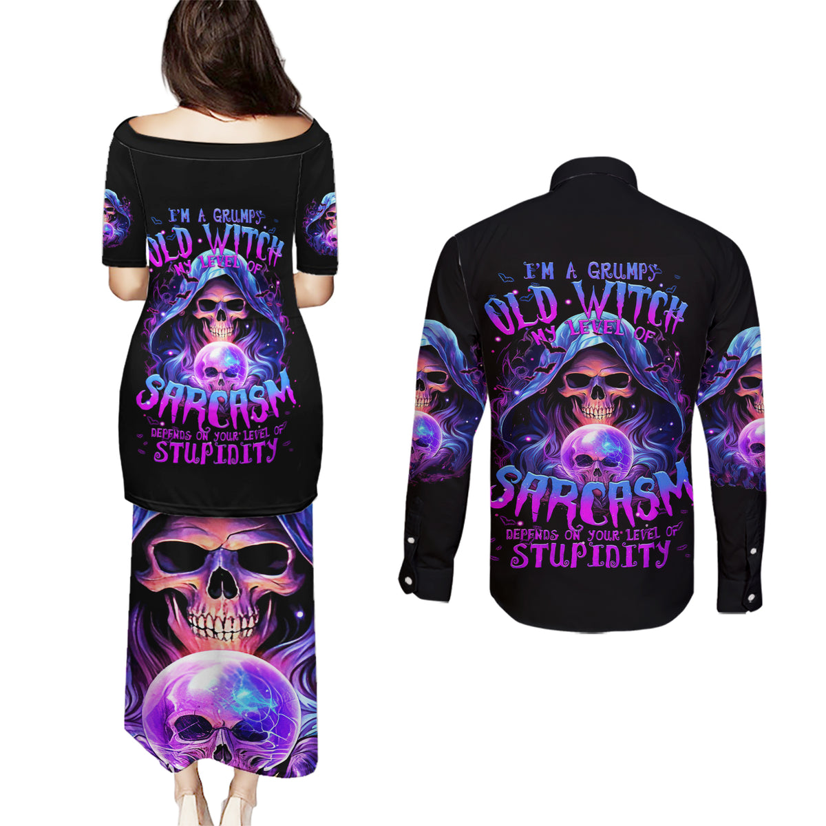Witch Skull Couples Matching Puletasi Dress and Long Sleeve Button Shirt I'm A Grumpy Old Witch - Wonder Print Shop