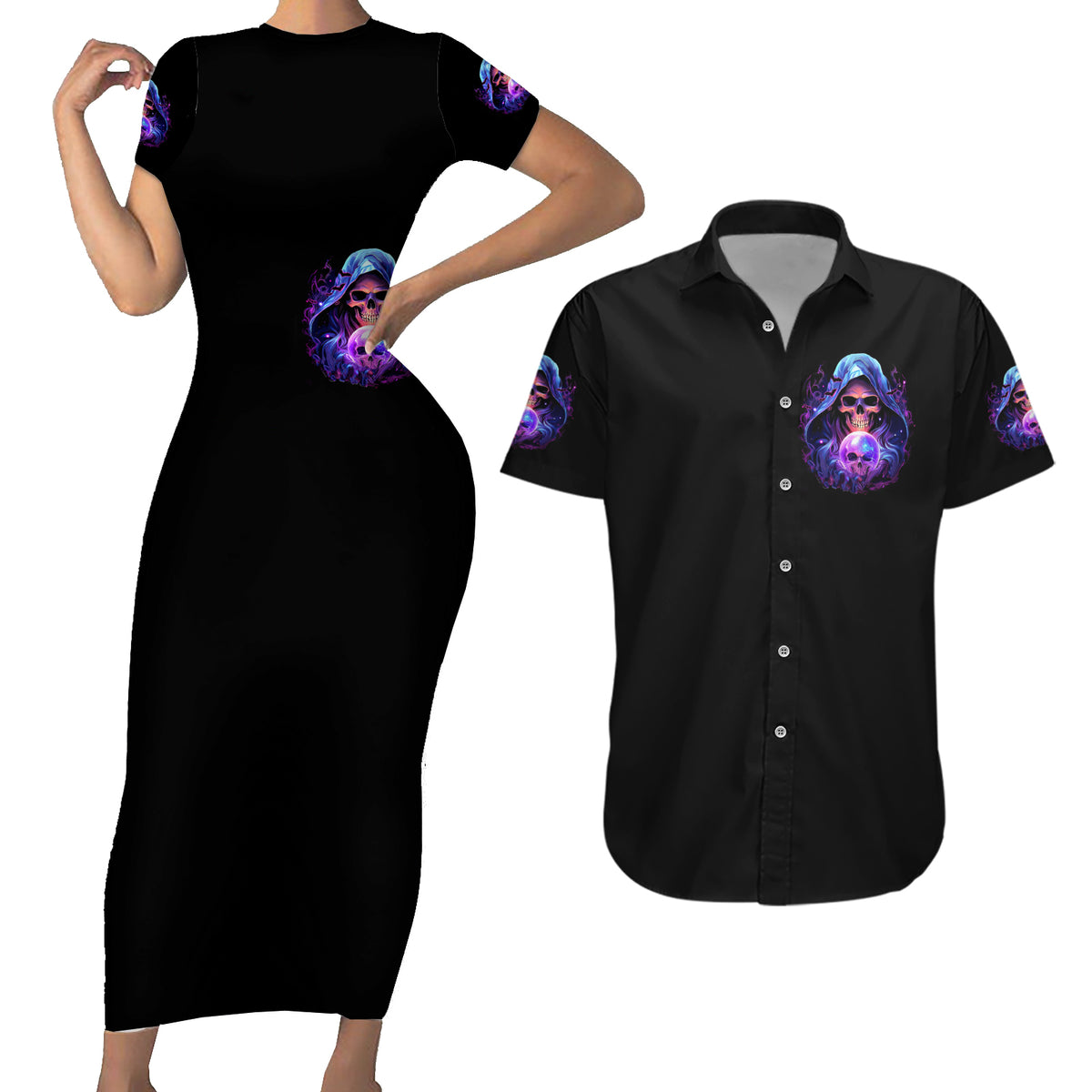 Witch Skull Couples Matching Short Sleeve Bodycon Dress and Hawaiian Shirt I'm A Grumpy Old Witch - Wonder Print Shop