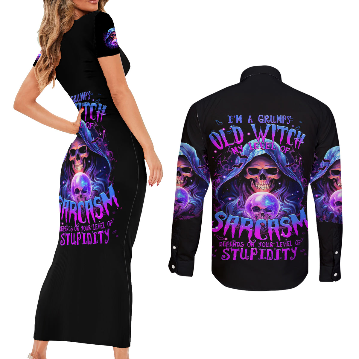 Witch Skull Couples Matching Short Sleeve Bodycon Dress and Long Sleeve Button Shirt I'm A Grumpy Old Witch - Wonder Print Shop