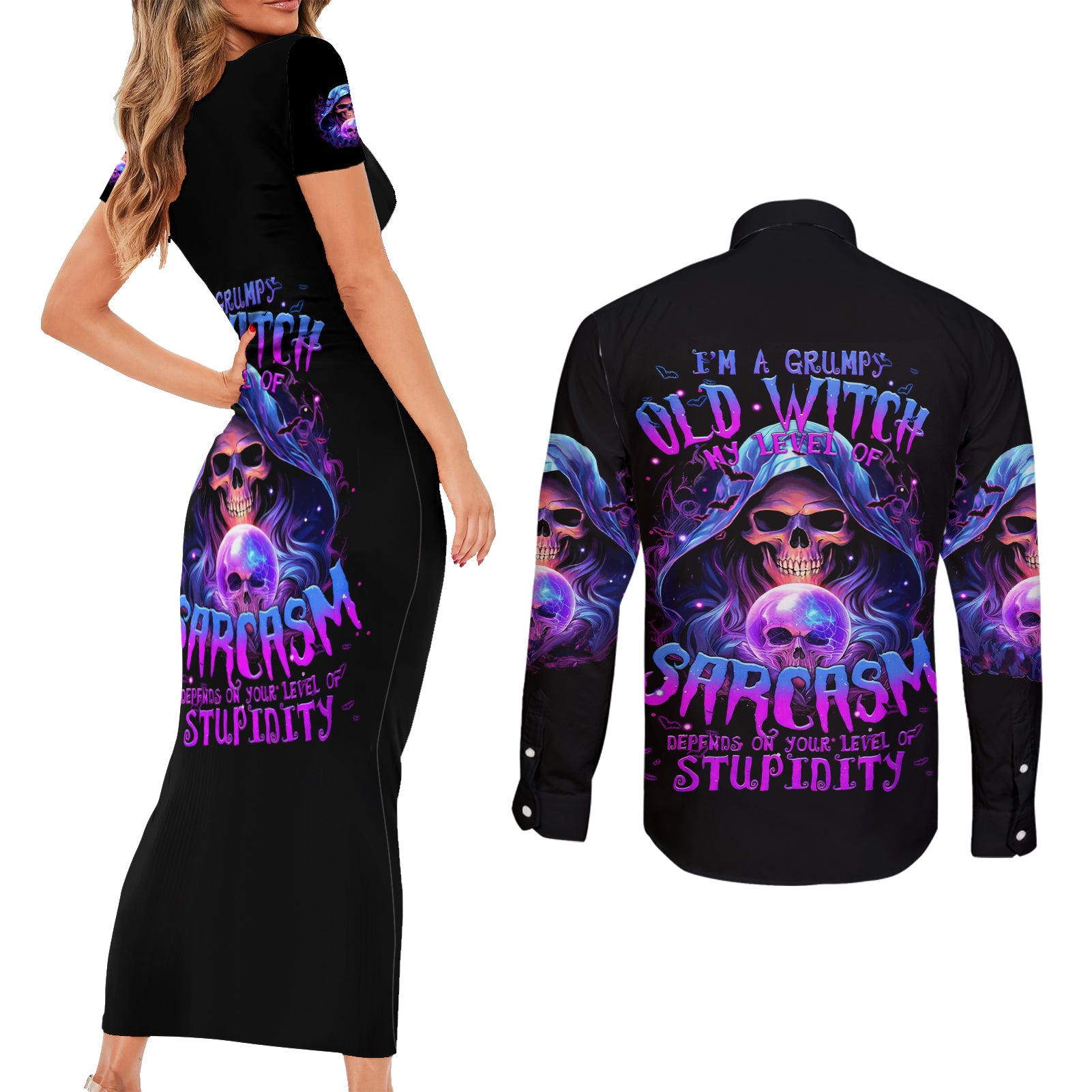 Witch Skull Couples Matching Short Sleeve Bodycon Dress and Long Sleeve Button Shirt I'm A Grumpy Old Witch - Wonder Print Shop