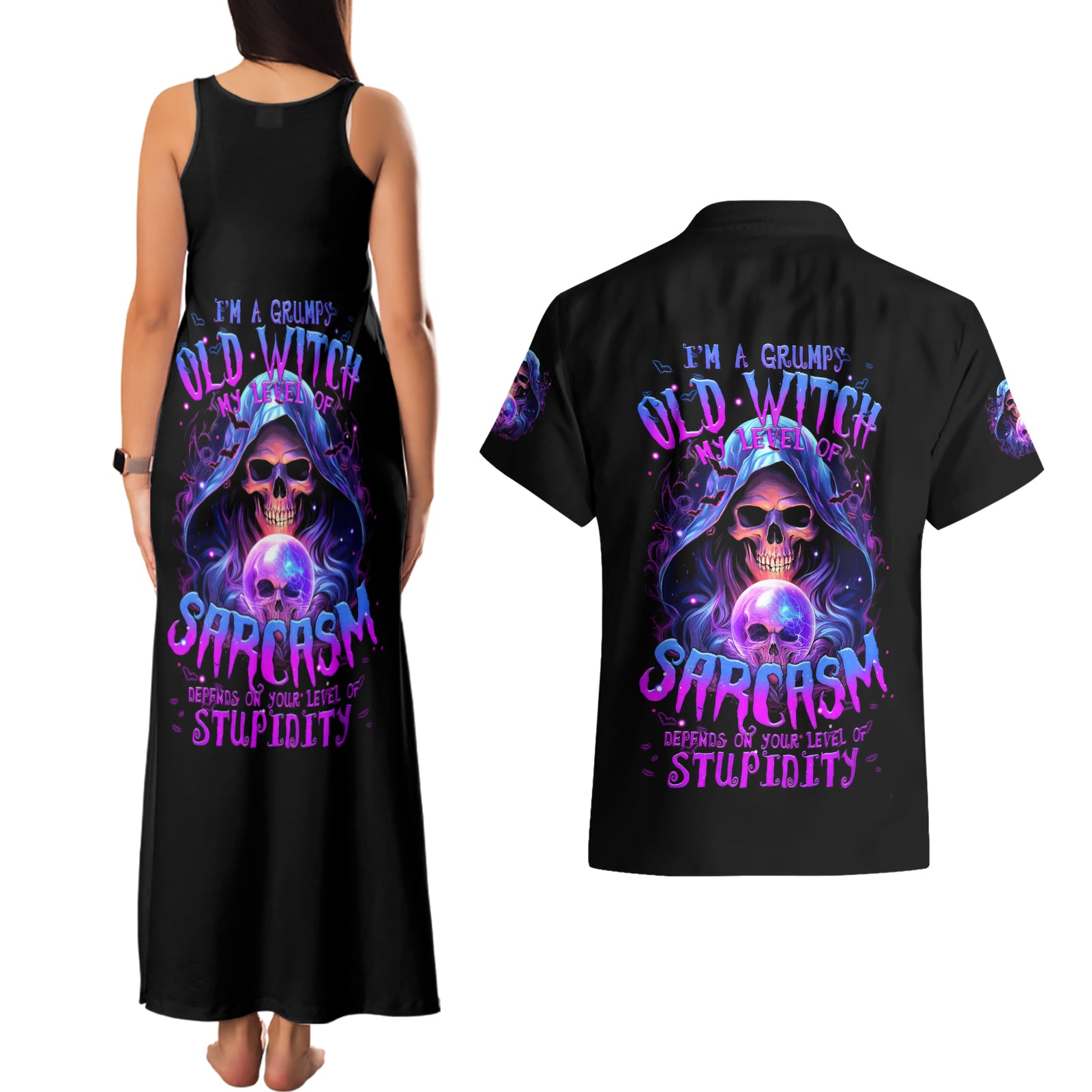 Witch Skull Couples Matching Tank Maxi Dress and Hawaiian Shirt I'm A Grumpy Old Witch - Wonder Print Shop