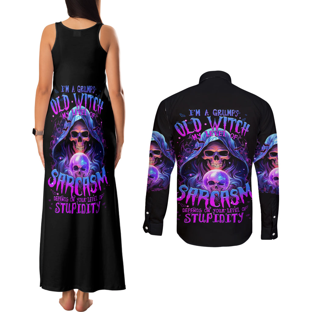 Witch Skull Couples Matching Tank Maxi Dress and Long Sleeve Button Shirt I'm A Grumpy Old Witch - Wonder Print Shop