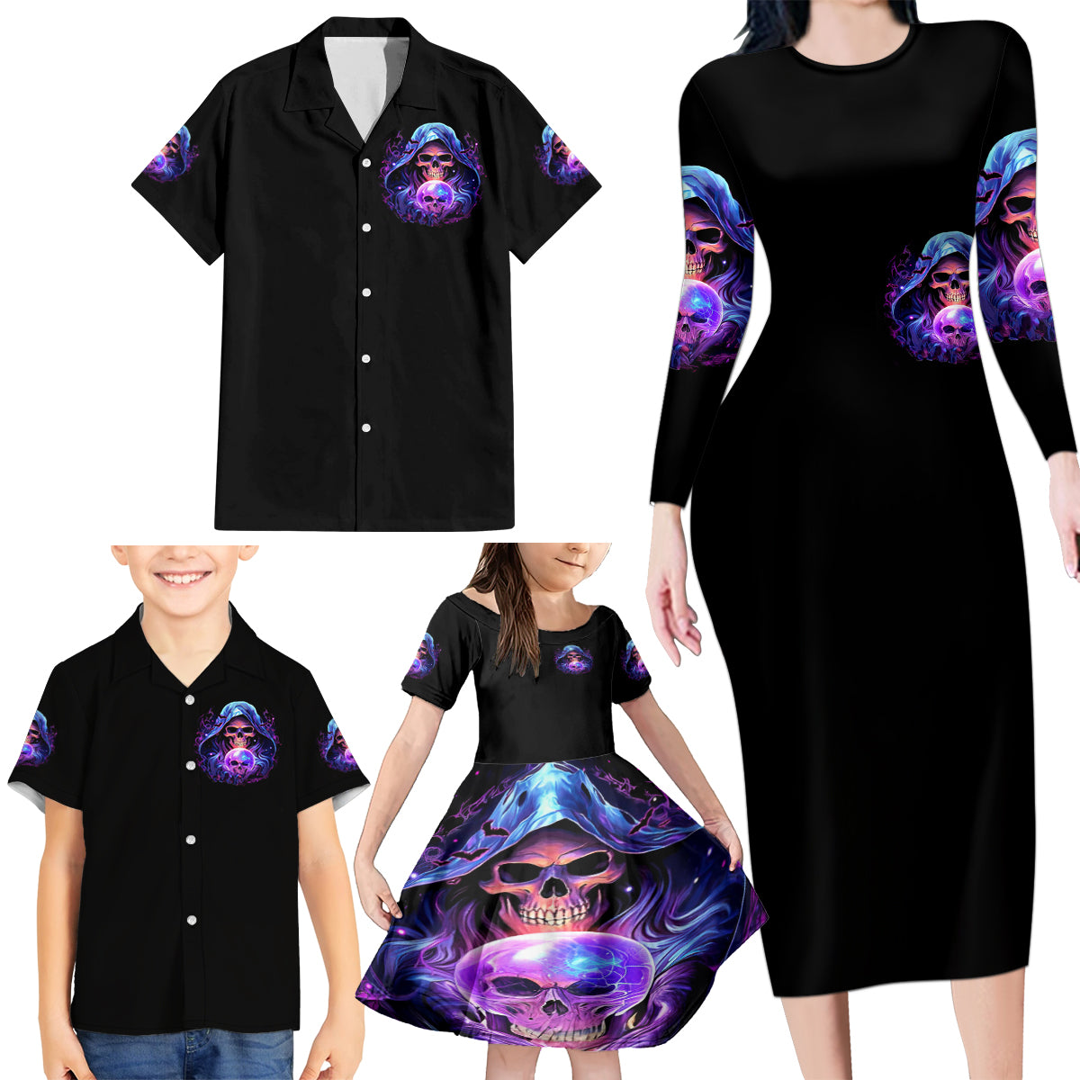 Witch Skull Family Matching Long Sleeve Bodycon Dress and Hawaiian Shirt I'm A Grumpy Old Witch - Wonder Print Shop