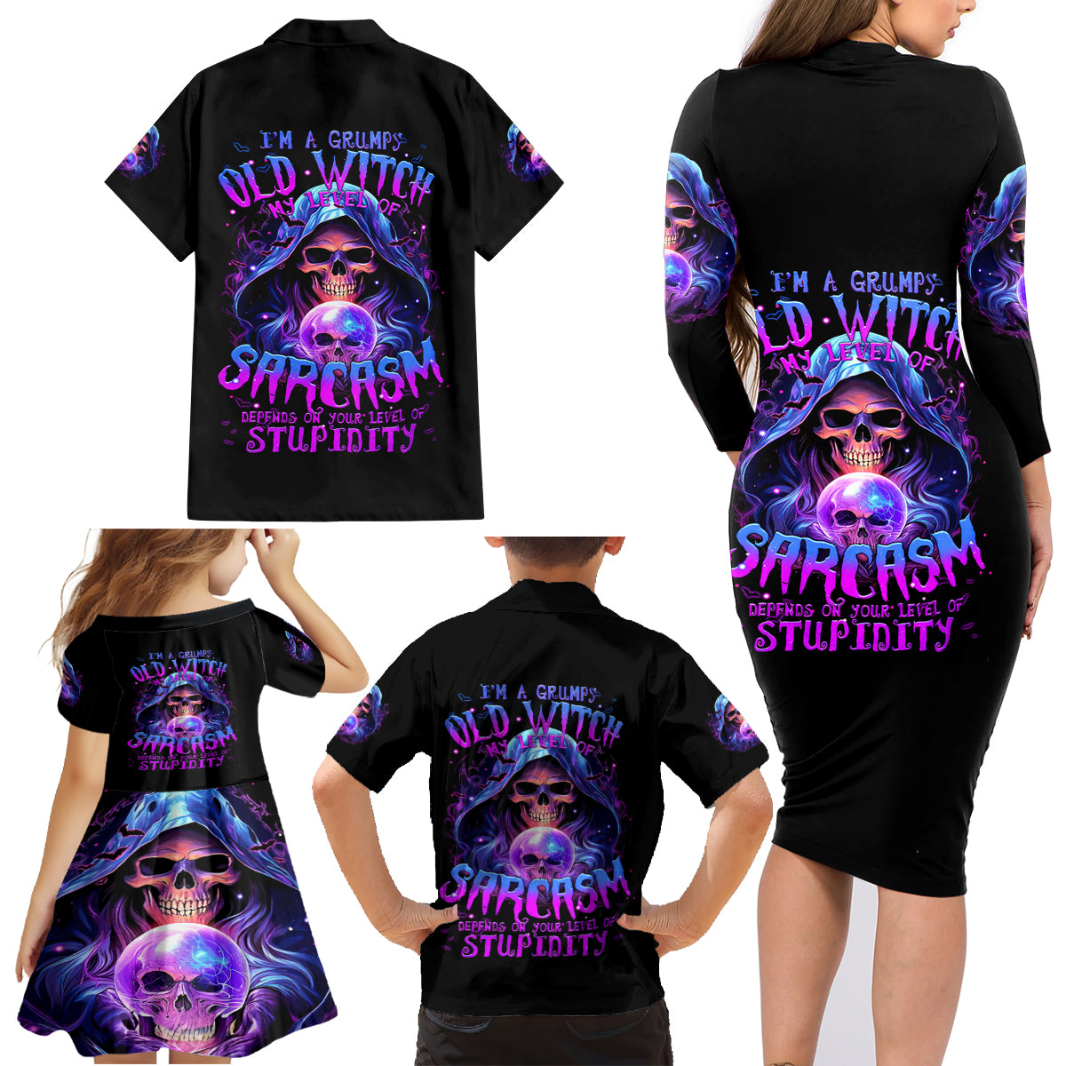 Witch Skull Family Matching Long Sleeve Bodycon Dress and Hawaiian Shirt I'm A Grumpy Old Witch - Wonder Print Shop