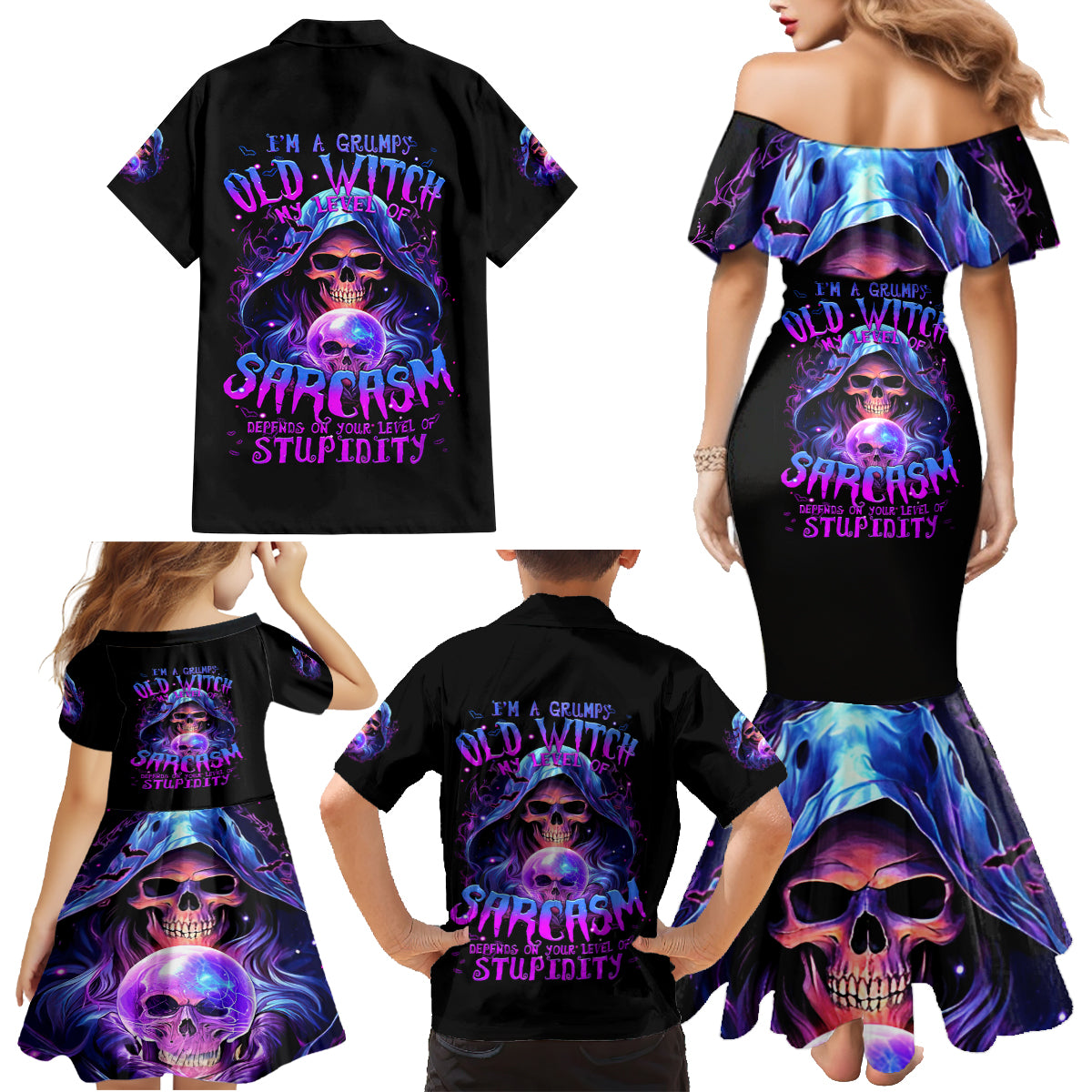 Witch Skull Family Matching Mermaid Dress and Hawaiian Shirt I'm A Grumpy Old Witch - Wonder Print Shop