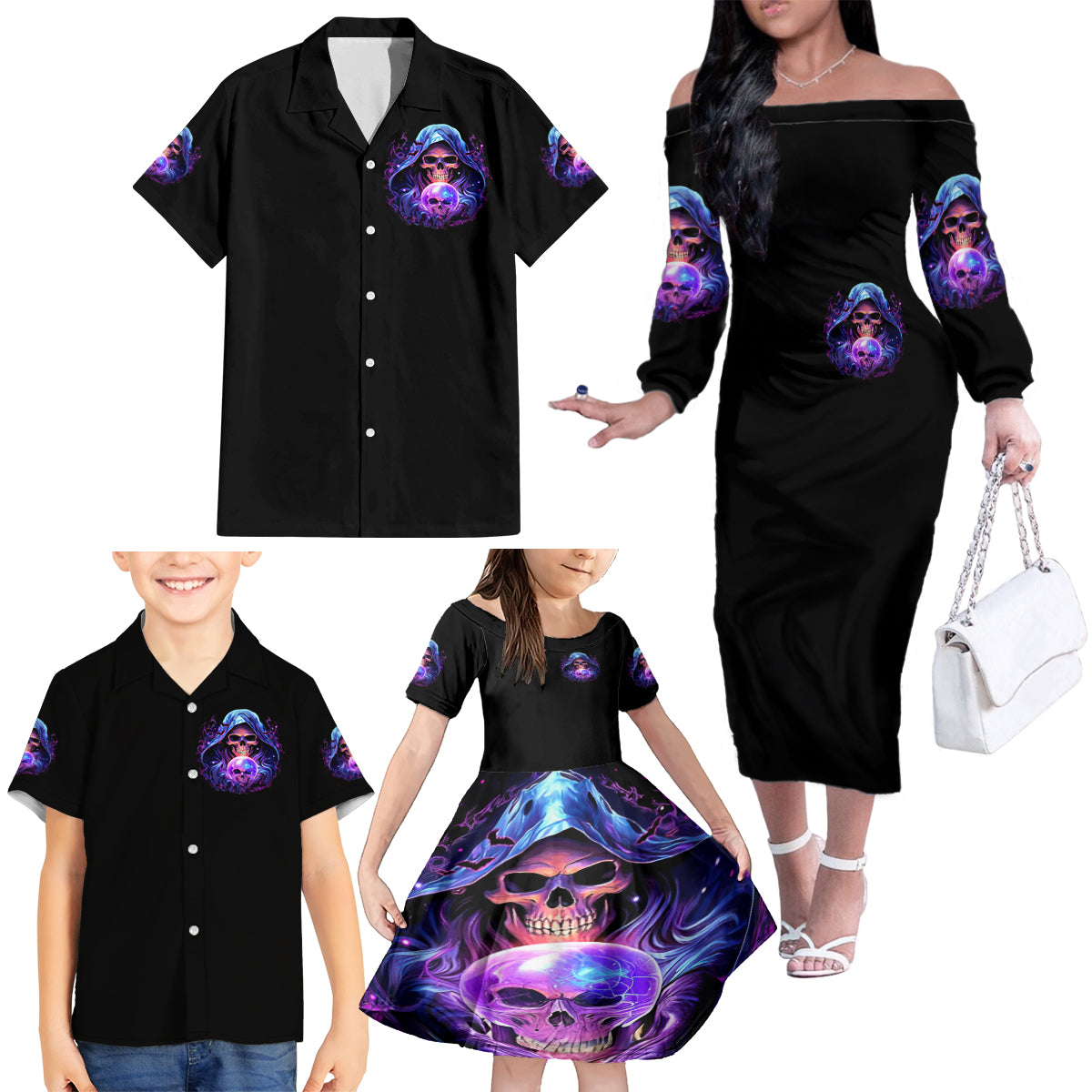 Witch Skull Family Matching Off Shoulder Long Sleeve Dress and Hawaiian Shirt I'm A Grumpy Old Witch - Wonder Print Shop