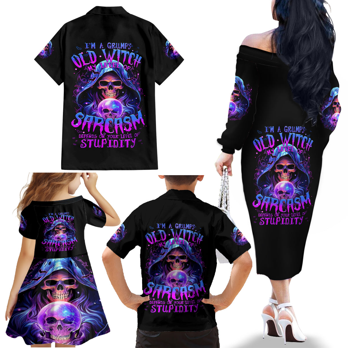 Witch Skull Family Matching Off Shoulder Long Sleeve Dress and Hawaiian Shirt I'm A Grumpy Old Witch - Wonder Print Shop