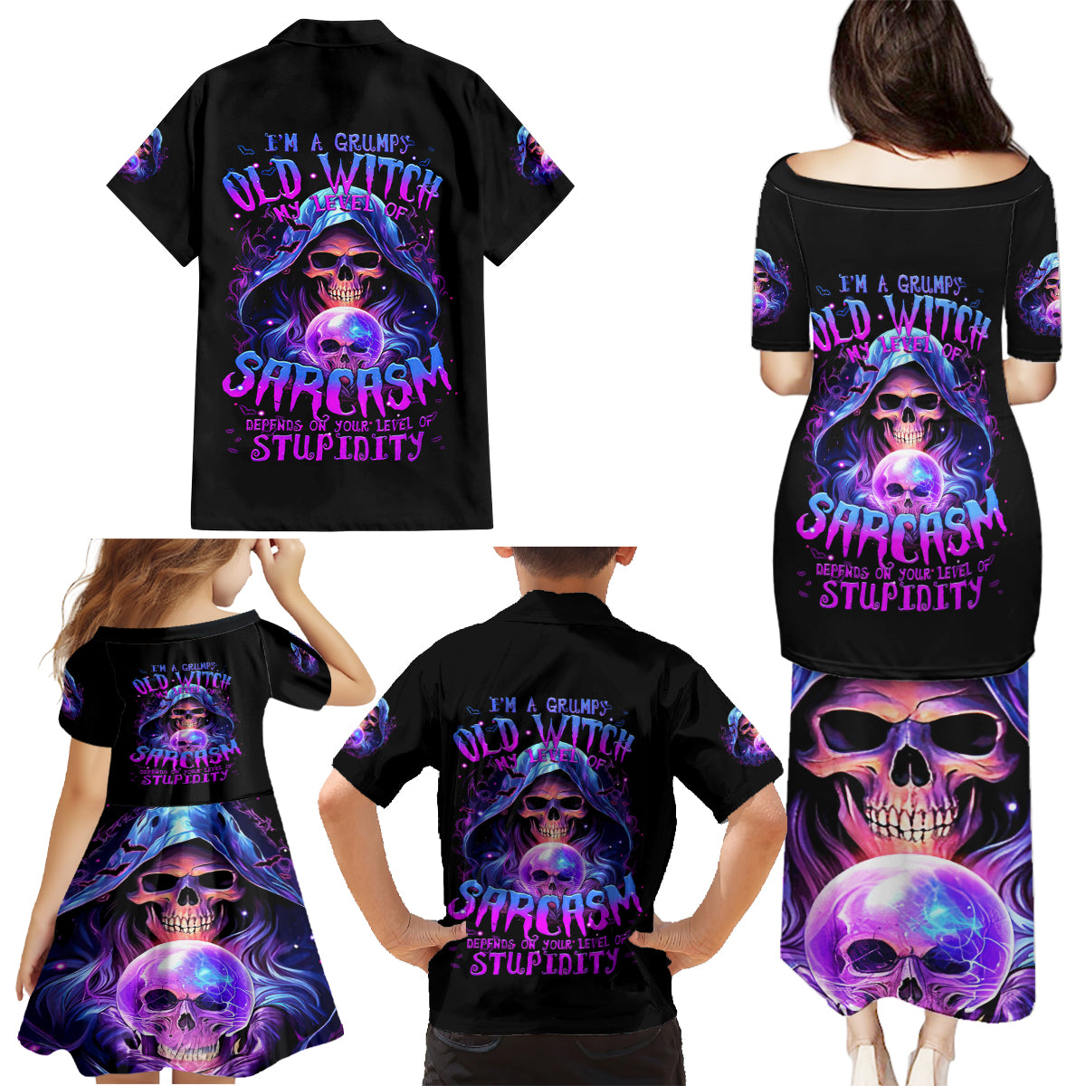 Witch Skull Family Matching Puletasi Dress and Hawaiian Shirt I'm A Grumpy Old Witch - Wonder Print Shop