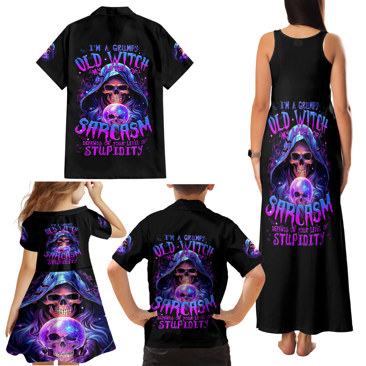Witch Skull Family Matching Tank Maxi Dress and Hawaiian Shirt I'm A Grumpy Old Witch - Wonder Print Shop