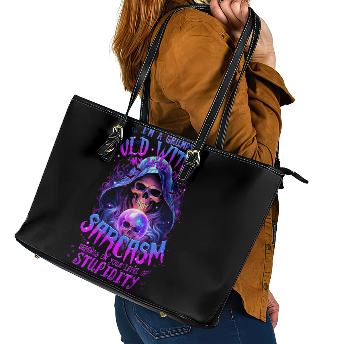 Witch Skull Leather Tote Bag I'm A Grumpy Old Witch - Wonder Print Shop