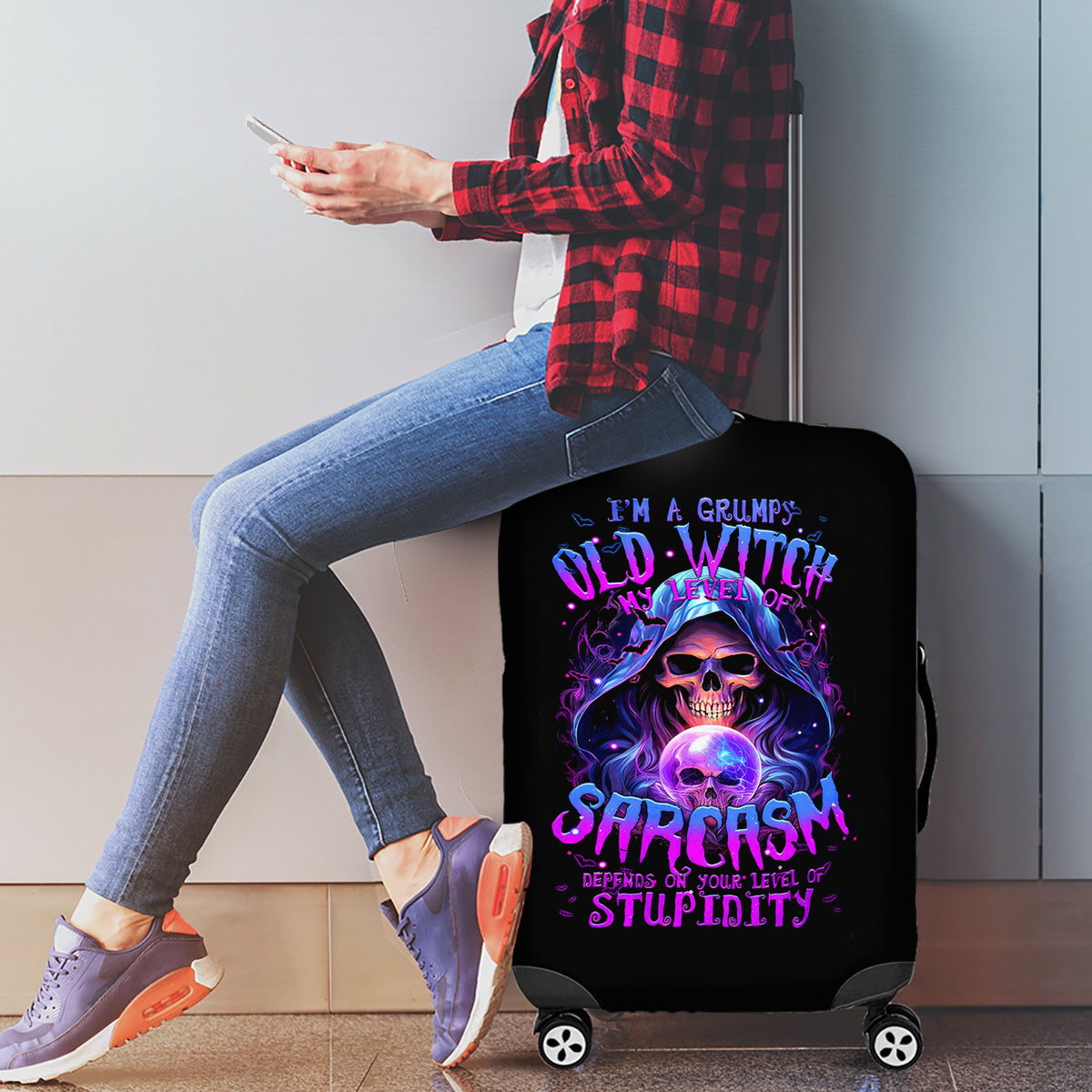 Witch Skull Luggage Cover I'm A Grumpy Old Witch - Wonder Print Shop