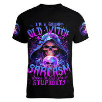 Witch Skull Women V Neck T Shirt I'm A Grumpy Old Witch - Wonder Print Shop