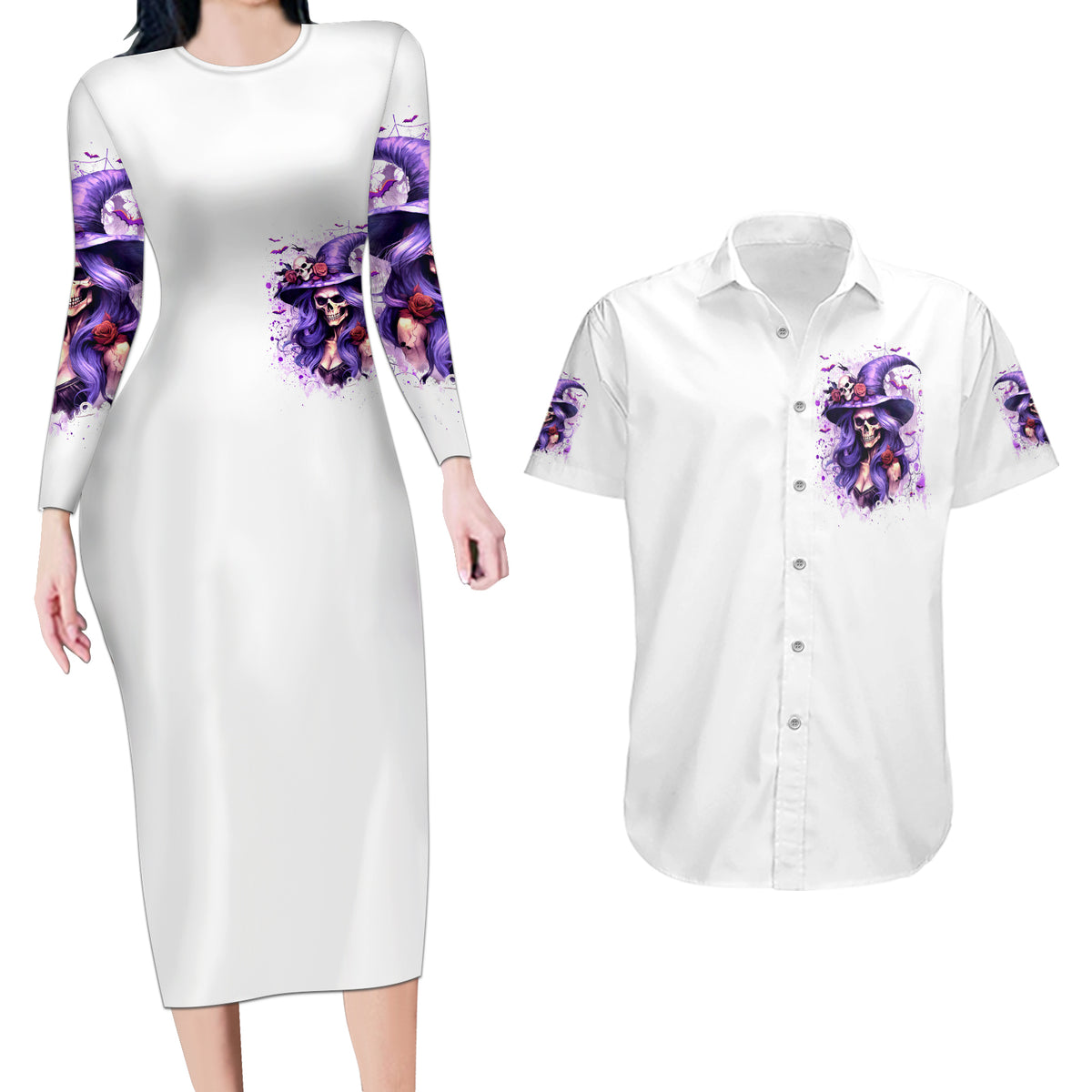 Witch Skull Couples Matching Long Sleeve Bodycon Dress and Hawaiian Shirt I'm A Haunt Mess - Wonder Print Shop